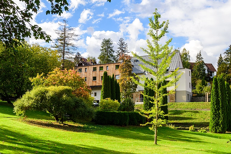 Modernes Wohngebaeude in großzuegiger Parklandschaft
