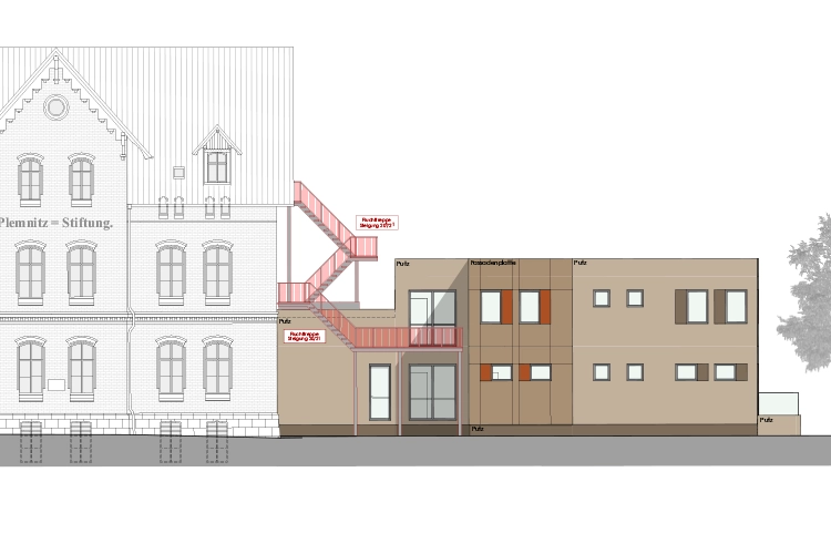 Architekturzeichnung eines Bestandsgebäudes mit modernen Erweiterungsbau (Süd-Ost-Ansicht)