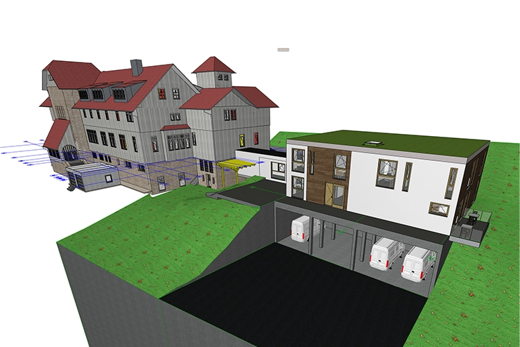 3D-Modell eines Gebäudes mit modernem Anbau und Tiefgarage in Hanglage aus Straßenansicht