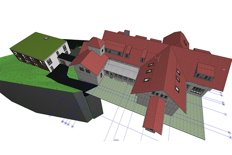 3D-Modell eines Gebäudekomplexes mit historischem Hauptgebäude und modernem Anbau aus der Vogelperspektive