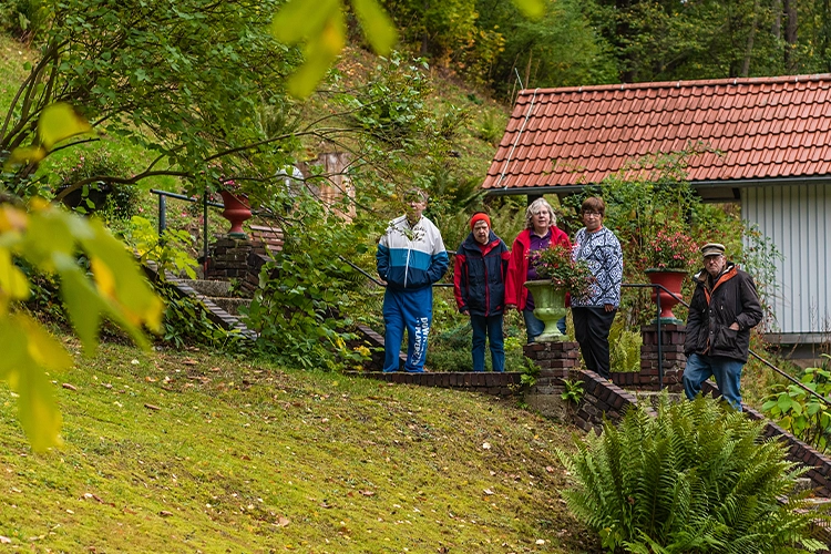 Gruppe im Grünen auf einem Gartenweg