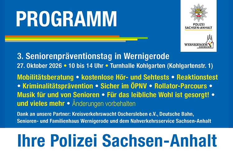 Programm-Flyer zum 3. Seniorenpräventionstag Wernigerode mit Angeboten.